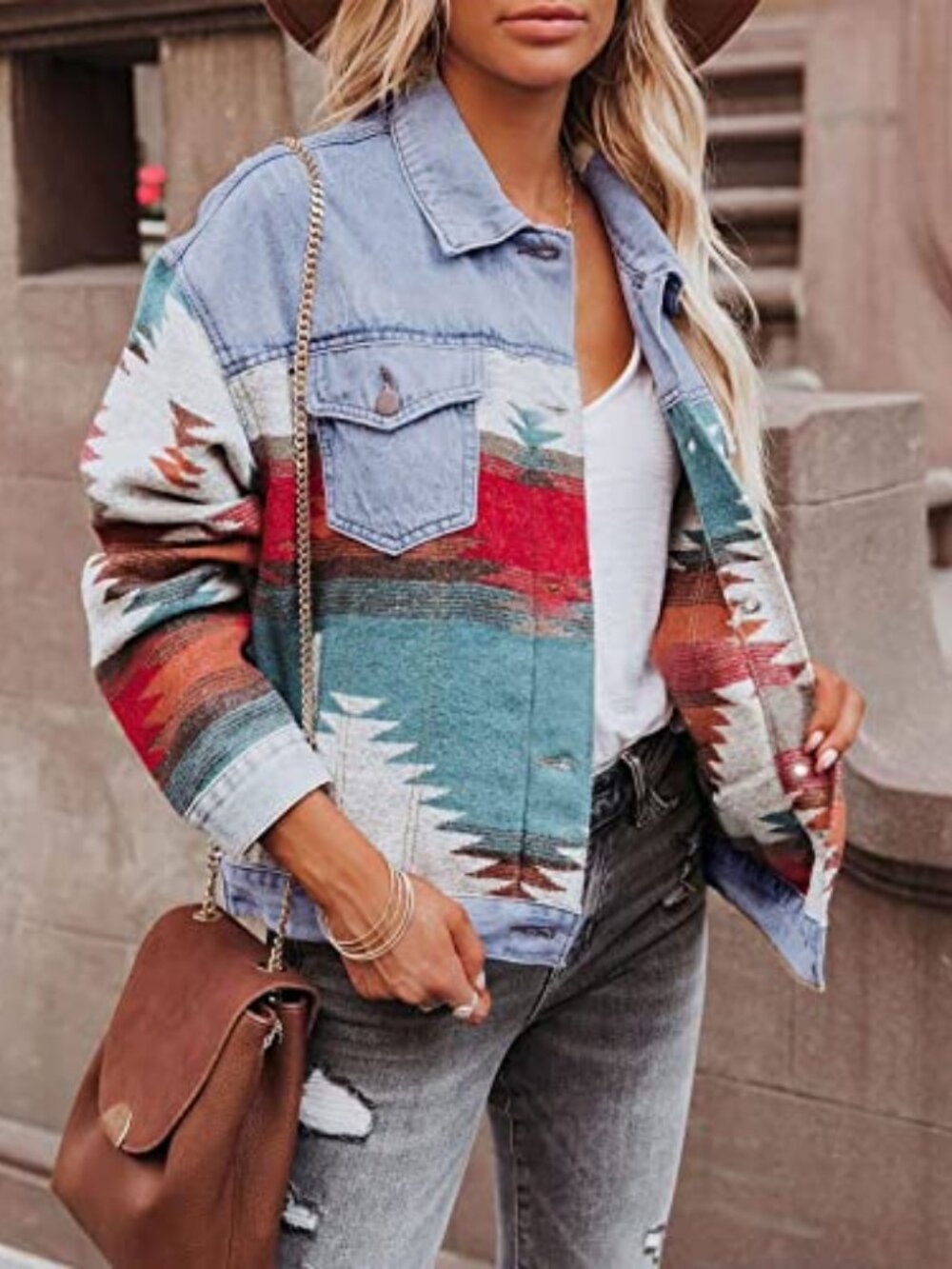 New - Women's Vintage Aztec Print Pattern Loose Shacket Button Down Long‎